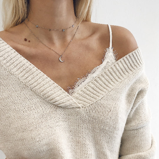 Mond und Stern Schmuckset Ketten in Silberfarbe